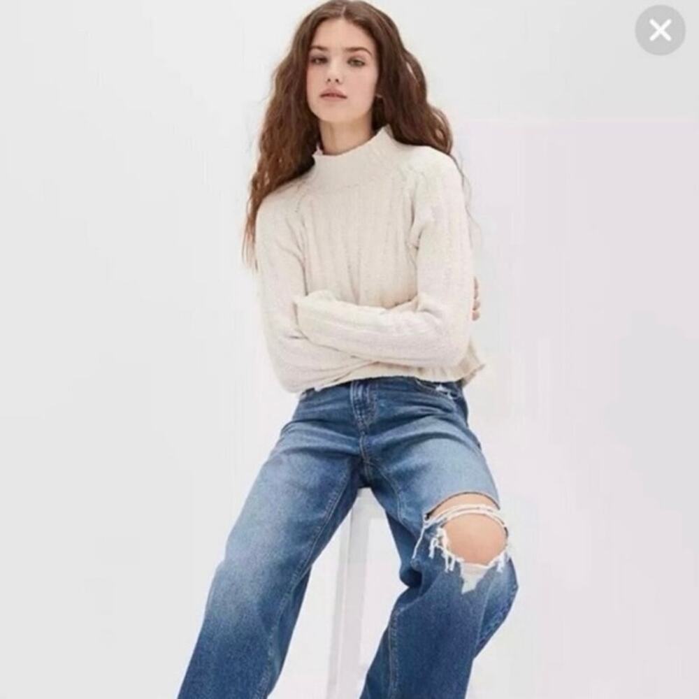 American Eagle Textured Ribbed Cropped Mock Neck Sweater Cream XS Soft Cozy